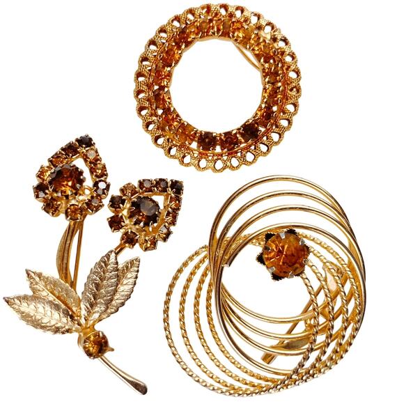 VTG Mid Century Lot of 3 Brooches Amber Smoky Rhinestone Floral Circle Swirl 60s - Picture 1 of 12